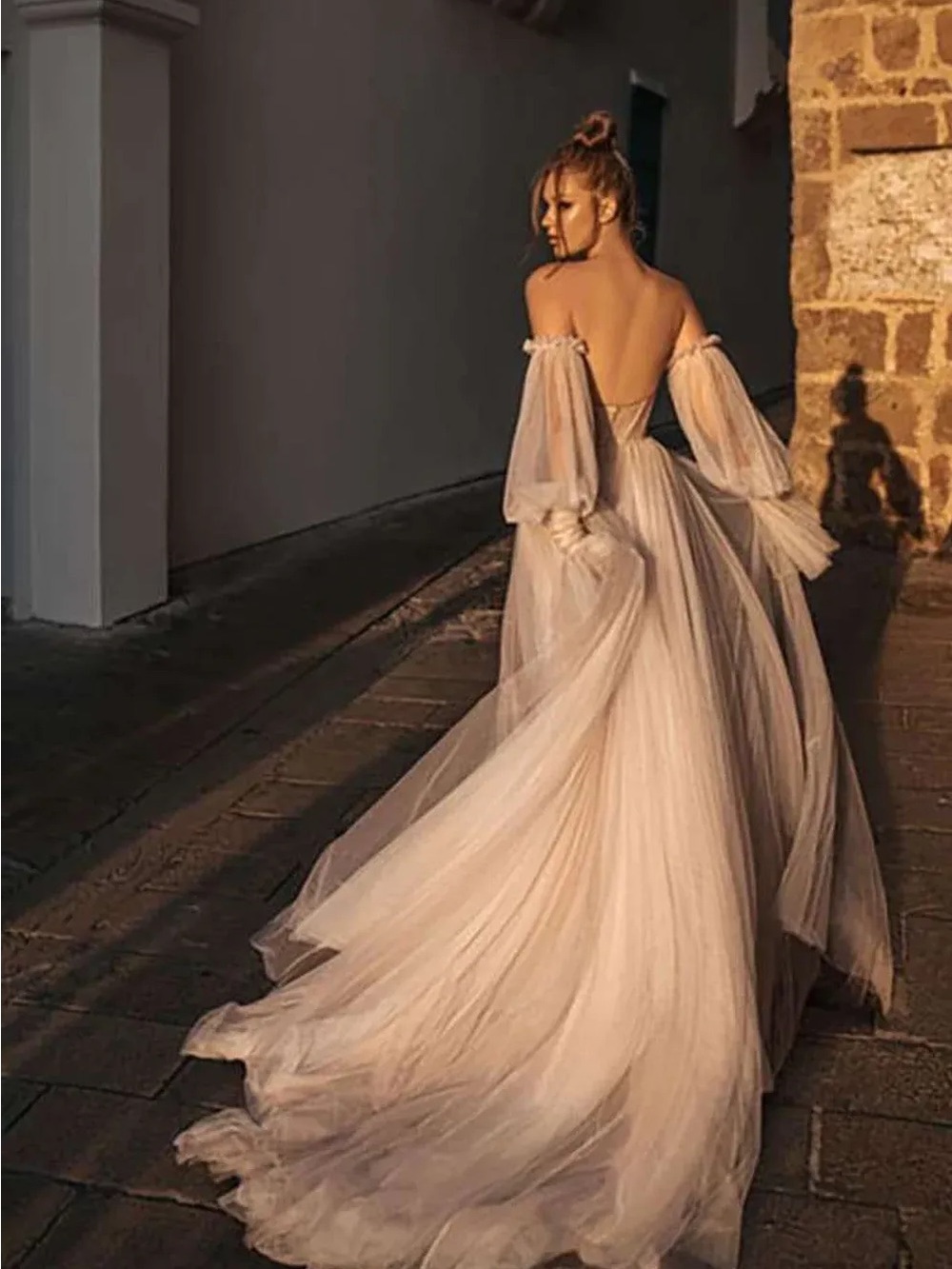 Sheer Off-Shoulder Tulle Gown in Champagne - Picture 2 of 10